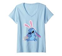 Donna Disney Stitch in Easter Bunny Costume with Cute Fuzzy Friend Maglietta con Collo a V, Celeste, S