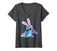 Donna Disney Stitch in Easter Bunny Costume with Cute Fuzzy Friend Maglietta con Collo a V, Grigio Scuro, XL
