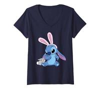 Donna Disney Stitch in Easter Bunny Costume with Cute Fuzzy Friend Maglietta con Collo a V, Navy, XL