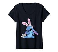 Donna Disney Stitch in Easter Bunny Costume with Cute Fuzzy Friend Maglietta con Collo a V, Nero, L