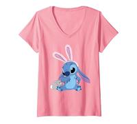 Donna Disney Stitch in Easter Bunny Costume with Cute Fuzzy Friend Maglietta con Collo a V, Rosa, L