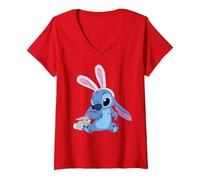 Donna Disney Stitch in Easter Bunny Costume with Cute Fuzzy Friend Maglietta con Collo a V, Rosso, L