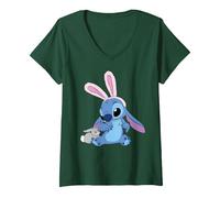 Donna Disney Stitch in Easter Bunny Costume with Cute Fuzzy Friend Maglietta con Collo a V, Verde Foresta, L