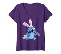 Donna Disney Stitch in Easter Bunny Costume with Cute Fuzzy Friend Maglietta con Collo a V, Viola, XL