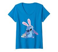 Donna Disney Stitch in Easter Bunny Costume with Cute Fuzzy Friend Maglietta con Collo a V, Zaffiro, XL