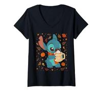 Donna Disney Stitch Pumpkin Latte Cozy Fall Coffee Collage Maglietta con Collo a V