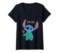 Donna Disney Stitch Valentine's Day with Rose "Love Me..." Maglietta con Collo a V