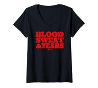 Donna Distressed Clasic Blood, Sweat And Years Sollevamento Pesi papà Maglietta con Collo a V
