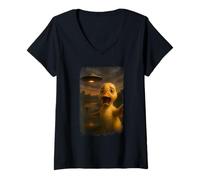 Donna Distressed Duck UFO Selfie with Alien Invasion Art Novelty Maglietta con Collo a V