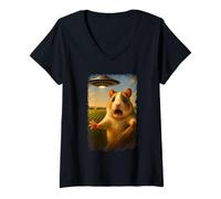 Donna Distressed Hamster UFO Selfie with Funny Alien Invasion Art Maglietta con Collo a V