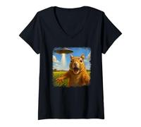 Donna Distressed Squirrel UFO Selfie with Invasion Alien Pet Lover Maglietta con Collo a V