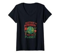 Donna Distruggi il Patriarcato non il pianeta Retro Design Maglietta con Collo a V
