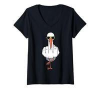 Donna Dito medio Divertente Cicogna Offensiva Rude Wading Bird Maglietta con Collo a V