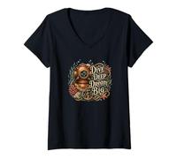 Donna Dive Deep Dream Big - Casco subacqueo Vintage Nautico Maglietta con Collo a V