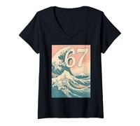 Donna Divertente 67 Sei Sette Hokusai La Grande Onda Vintage Giapponese Maglietta con Collo a V