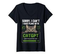 Donna Divertente AI Cat Umorismo Retro Coding Meme Introverso Maglietta con Collo a V