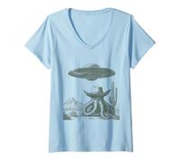 Donna Divertente Alieno Octopus Cowboy UFO Deserto Etching Stile Maglietta con Collo a V
