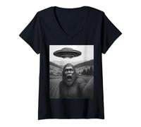 Donna Divertente Alieno UFO Bigfoot Abduction Selfie Maglietta con Collo a V