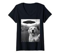 Donna Divertente Alieno UFO Golden Retriever Abduction Selfie Maglietta con Collo a V