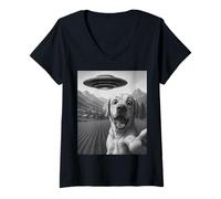 Donna Divertente Alieno UFO Labrador Retriever Abduction Selfie Maglietta con Collo a V