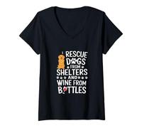 Donna Divertente Amante dei Cani e del Vino I Rescue Dogs And Wine Maglietta con Collo a V