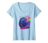 Donna Divertente Anime Astronauta Spazio Gatto Laser Occhi Kawaii Meme Retro Maglietta con Collo a V