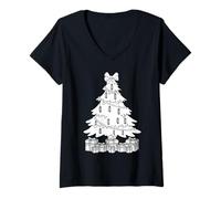 Donna Divertente Armonicista Christmas Tree Armonica Maglietta con Collo a V