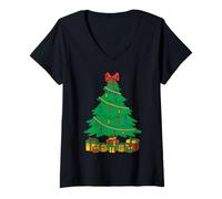 Donna Divertente Armonicista Christmas Tree Armonica Maglietta con Collo a V