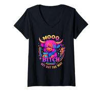 Donna Divertente Arte a Forma di Mucca delle Highland di Mooo Bitch Maglietta con Collo a V
