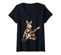 Donna Divertente Asino Che Suona la Chitarra elettrica Amante della Musica degli Animali Maglietta con Collo a V