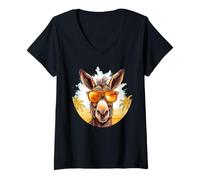 Donna Divertente Asino con Palme con Occhiali da Sole per Mulo e Asini Maglietta con Collo a V