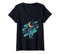 Donna Divertente astronauta altalena sulla luna | Design retrò altalena cosmica Maglietta con Collo a V