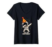 Donna Divertente Astronauta Dabbing Il Suo Compleanno Spazio Bday Ragazzi Ragazza Maglietta con Collo a V