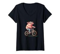Donna Divertente avventura in bicicletta con un maialino da equitazione Maglietta con Collo a V