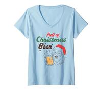 Donna Divertente Babbo Natale Pieno di Natale Birra Vacanze Bere Party Maglietta con Collo a V