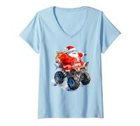 Donna Divertente Babbo Natale Shark Driving Monster Car Truck Giorno di Natale Maglietta con Collo a V