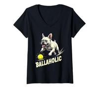 Donna Divertente Ballaholic Bulldog Francese Che insegue Frenchie Ball Maglietta con Collo a V