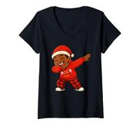 Donna Divertente Bambino Nero Che tampona Merry Christmas Santa Xmas per Ragazzi e Ragazze Maglietta con Collo a V