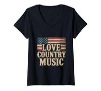 Donna Divertente Bandiera Americana retrò Love Country Music Guitar Maglietta con Collo a V