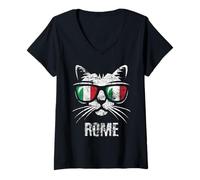 Donna Divertente Bandiera Italiana Gatto Roma Vintage Italia Maglietta con Collo a V