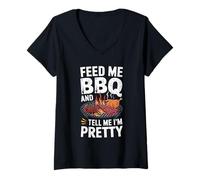 Donna Divertente Barbecue Barbecue Umorismo Feed Me BBQ And Tell Me I'm Pretty Maglietta con Collo a V