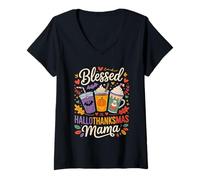 Donna Divertente benedetto HalloThank Mas Mama Fall Coffee Lovers Maglietta con Collo a V