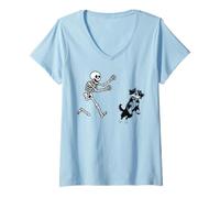 Donna Divertente Bernedoodle Che corre Skeleton Halloween Maglietta con Collo a V