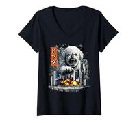 Donna Divertente Bichon Frise Cane Kaiju Mostro Giapponese Maglietta con Collo a V