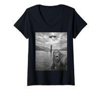 Donna Divertente Bigfoot Selfie con Loch Ness Mostro E UFO Maglietta con Collo a V