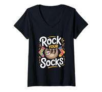 Donna Divertente Bradipo Rock Your Socks Comico Appeso Maglietta con Collo a V