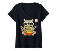 Donna Divertente Brontolo Raccoon Ramen Sumi-e Kawaii Inchiostro Giapponese Retro Maglietta con Collo a V