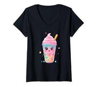 Donna Divertente Bubble Tea Cartoon con Perle Colorate Maglietta con Collo a V