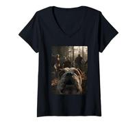Donna Divertente Bulldog Britannico Selfie con Zombie Cane di Halloween Maglietta con Collo a V