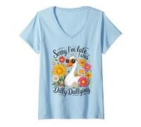 Donna Divertente camicia con paperella Sorry I'm Late I Was Dilly Dallying Flowers Maglietta con Collo a V